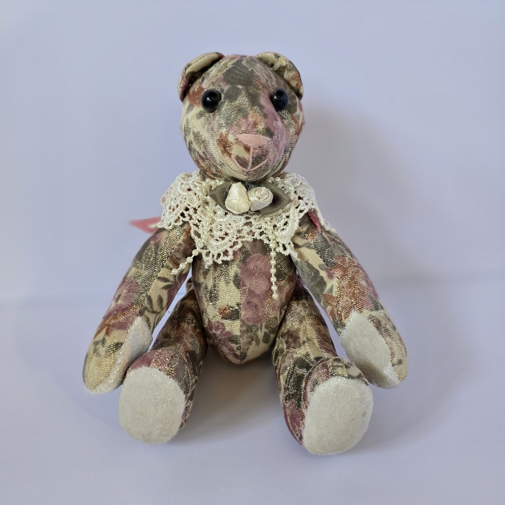 Vintage‎ Flowered Fabric Teddy Bear Jointed Lace Collar 8 in Plush Stuffed Toy